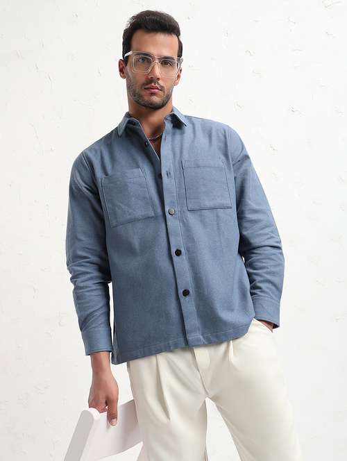 men blue solid long sleeve regular fit shacket