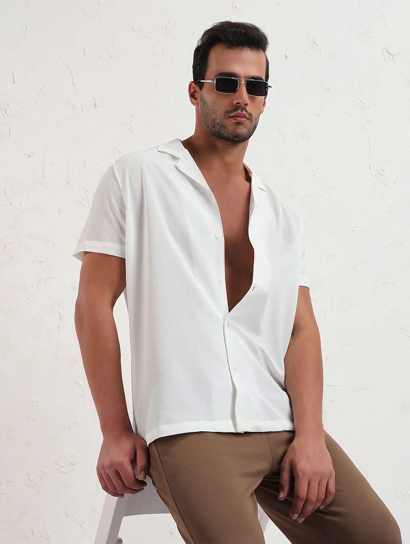 men white solid short sleeve regular fit casual shirt - 21843813 -  Zoom Image - 0
