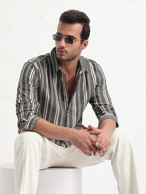 men grey stripes long sleeve slim fit  casual shirt - 21843817 -  Standard Image - 0