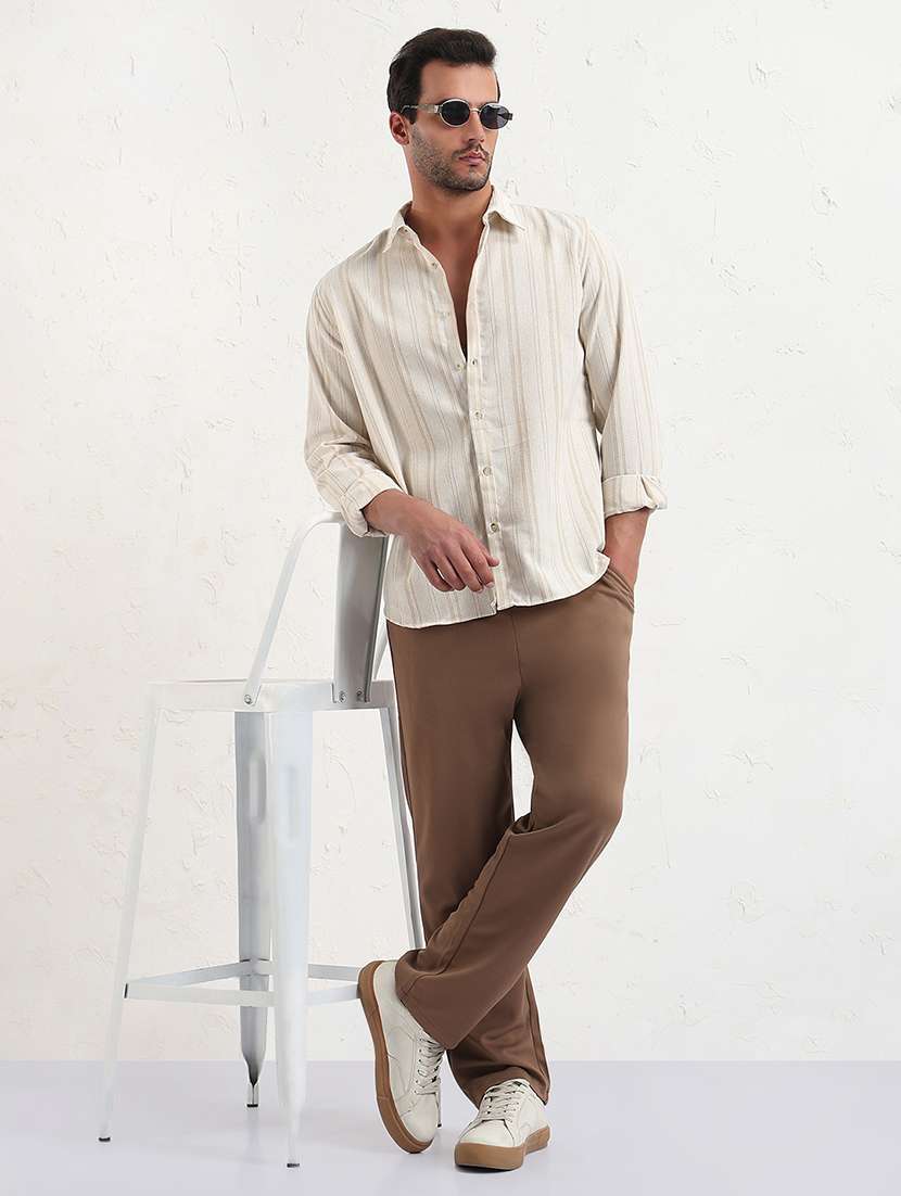 men cream stripes long sleeve regular fit  casual shirt - 21843818 -  Standard Image - 5