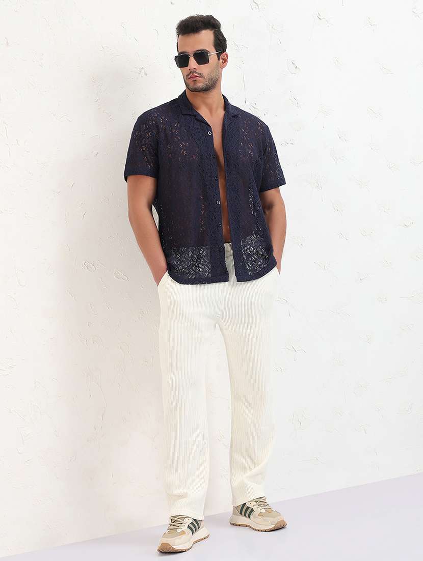 men navy blue self design short sleeve regular fit  casual shirt - 21843822 -  Standard Image - 5