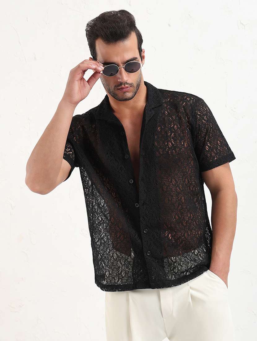 men black self design short sleeve regular fit  casual shirt