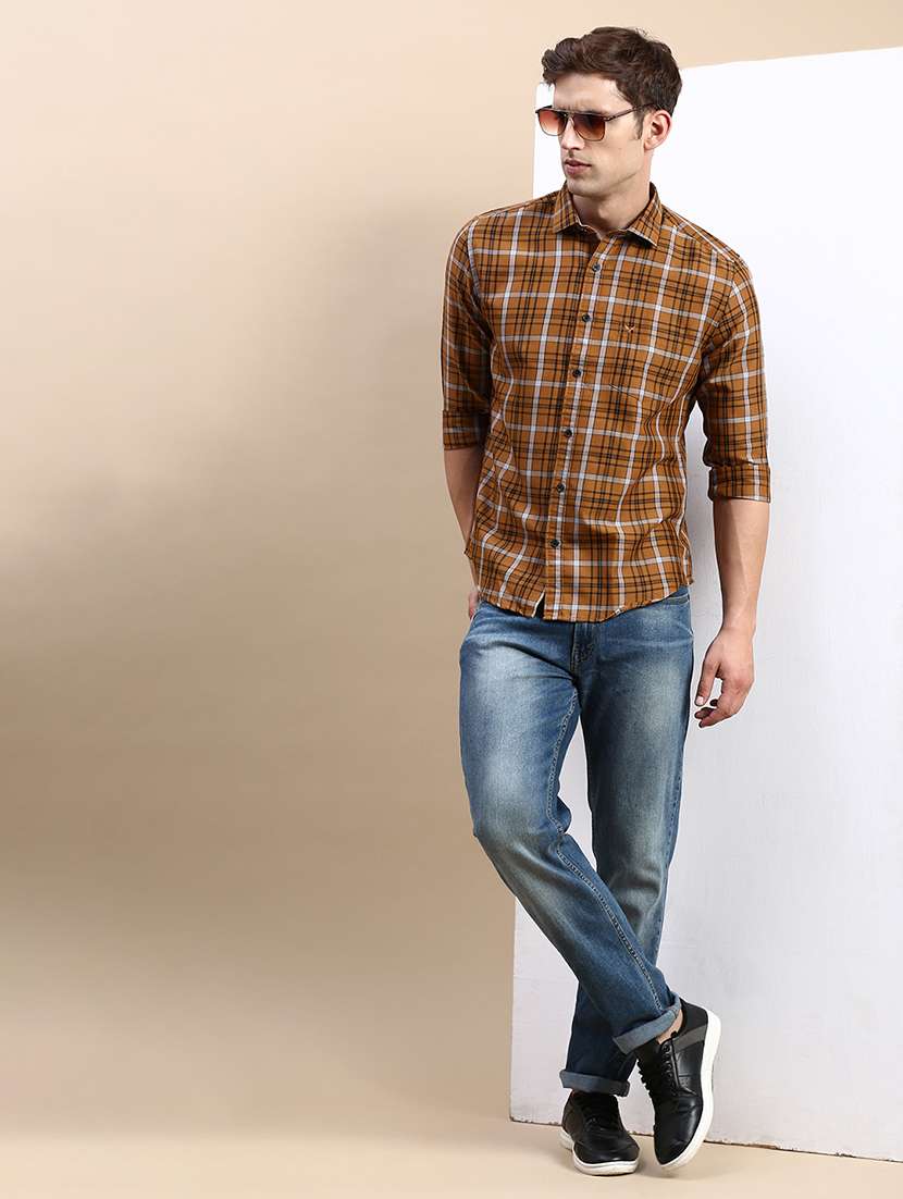men brown checked long sleeve slim fit casual shirt  - 21843832 -  Standard Image - 5