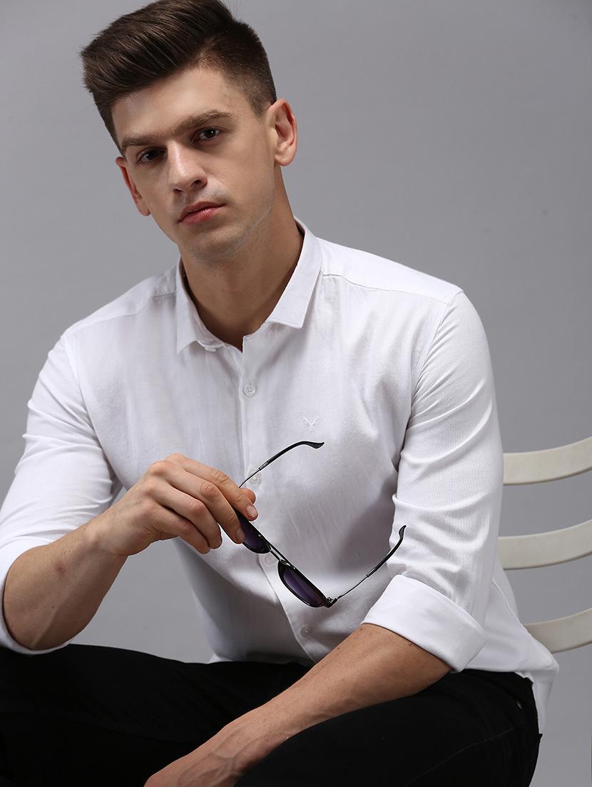 men white solid long sleeve slim fit casual shirt - 21843834 - Zoom Image - 0