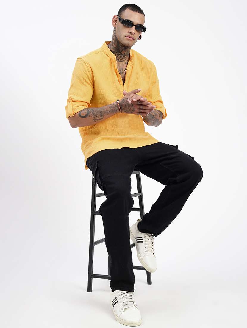 men yellow solid long sleeve regular fit short kurta - 21843850 - Standard Image - 5