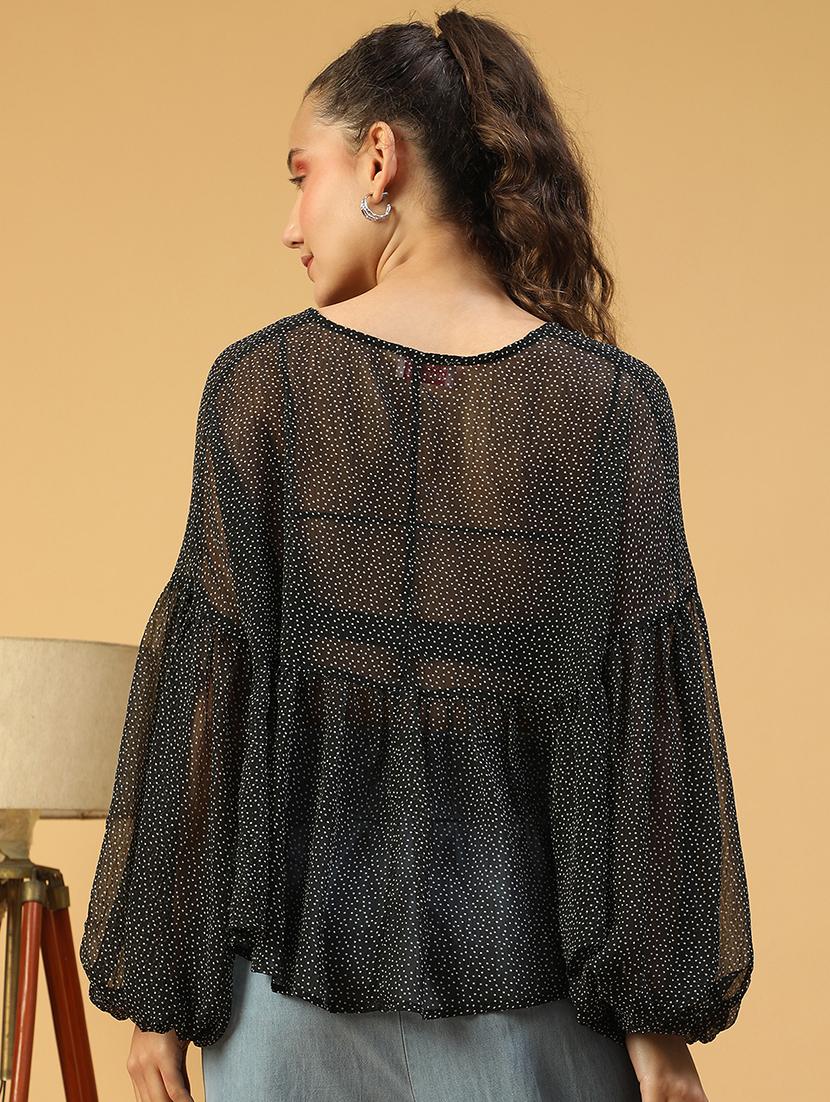 women polka doted puff sleeves crop top - 21843852 - Standard Image - 3