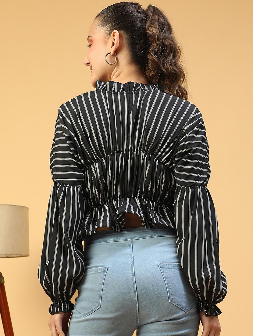 women striped puff sleeves crop top - 21843854 - Standard Image - 3