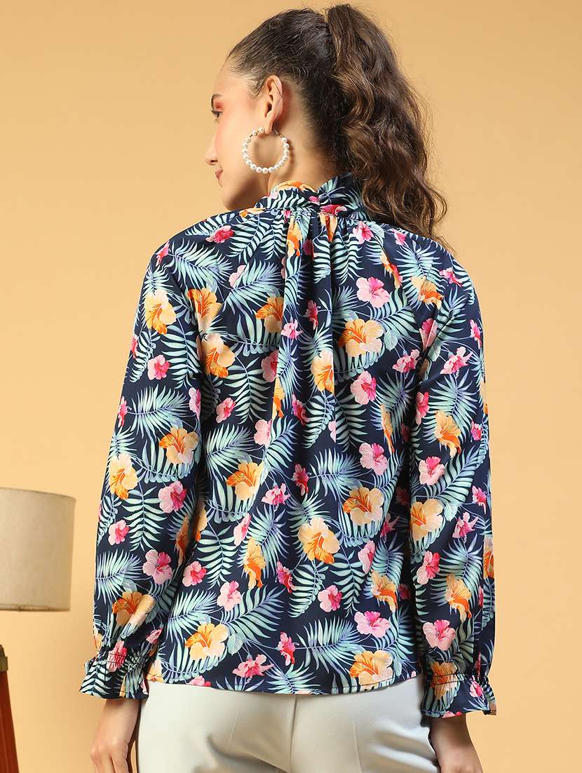 women printed tie-up neck long sleeves top - 21843855 -  Standard Image - 3