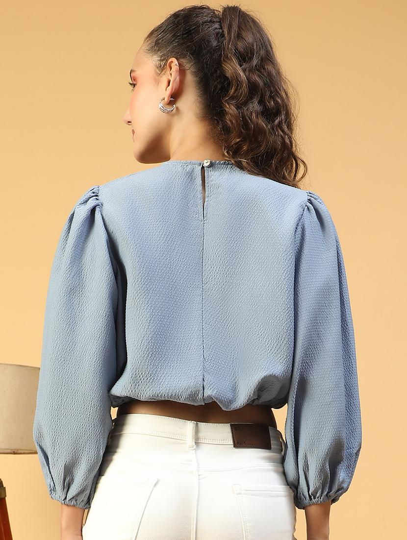 women solid puff sleeves crop blouson top - 21843867 - Standard Image - 3