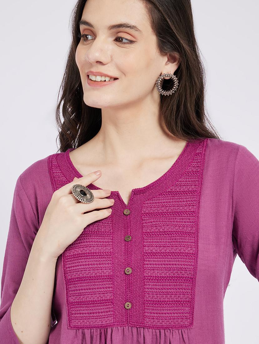 women solid three quarter sleeve a-line kurta - 21843889 - Standard Image - 3