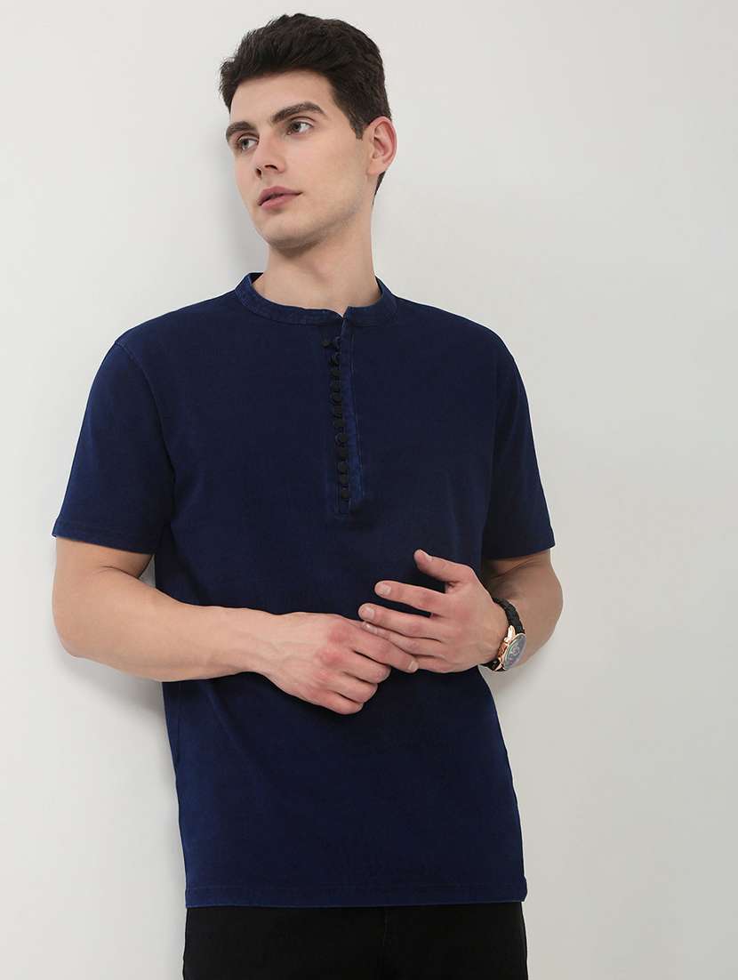 men navy blue short sleeve solid slim fit t-shirt