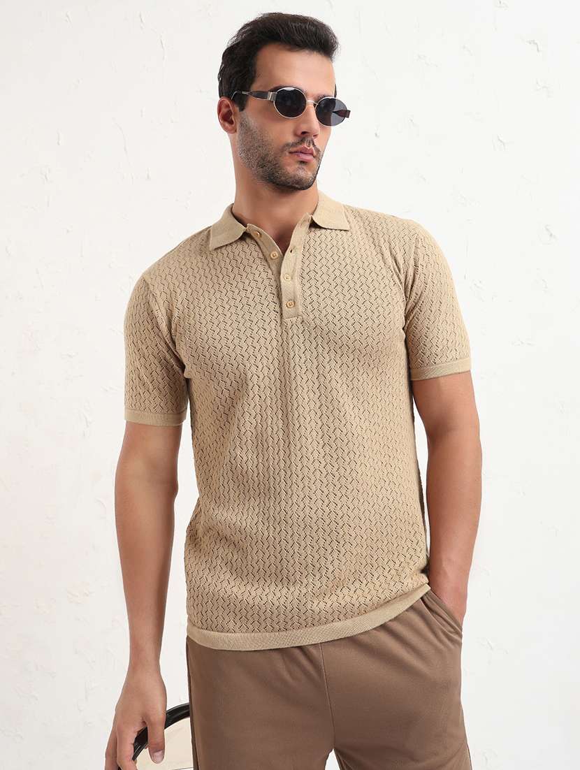 men beige short sleeve solid slim fit polo t-shirt - 21843968 - Zoom Image - 0