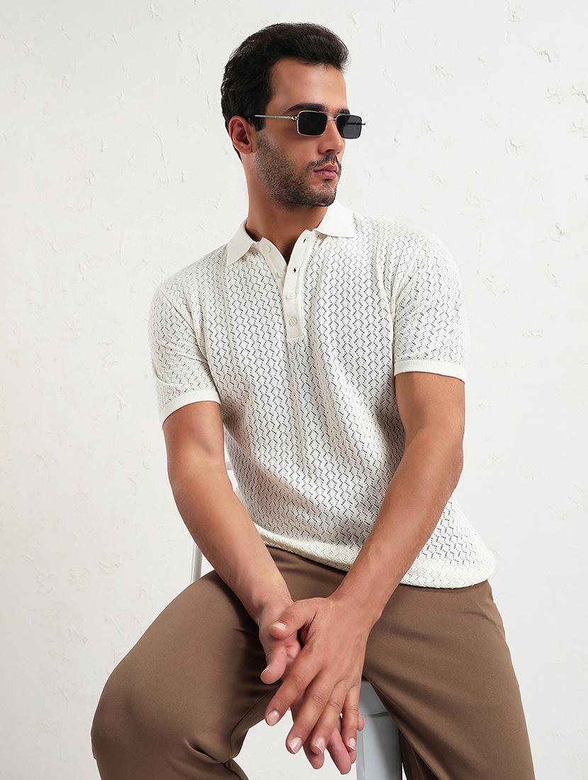men white short sleeve self design slim fit polo t-shirt - 21843974 - Zoom Image - 0