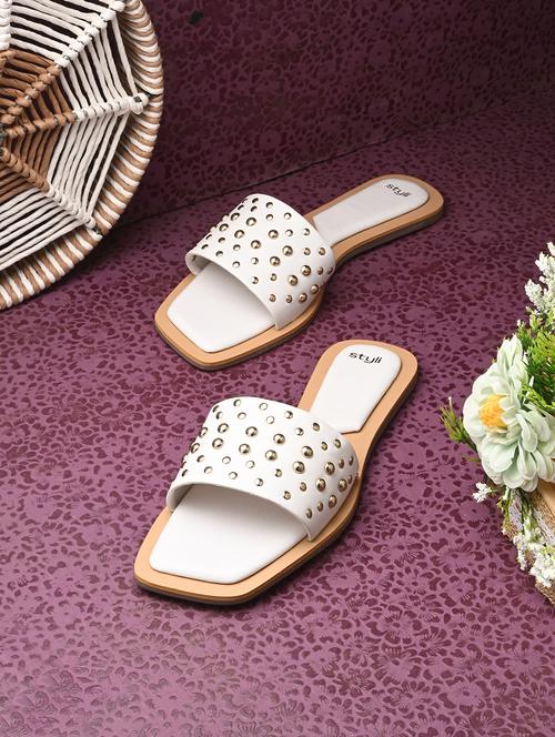 womenwhite embellished slip on flats - 21844117 -  Standard Image - 0