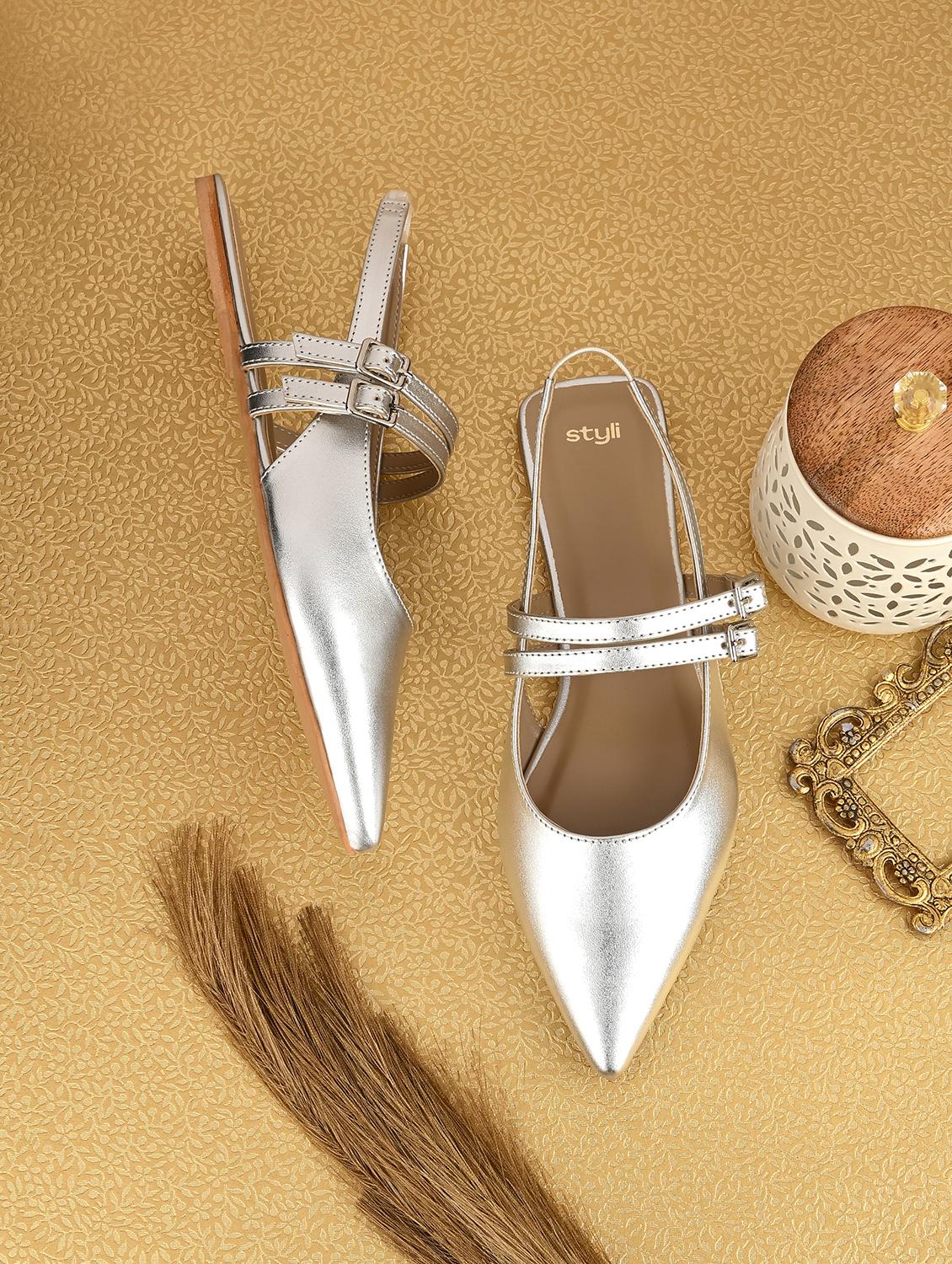 women silver back strap flats 