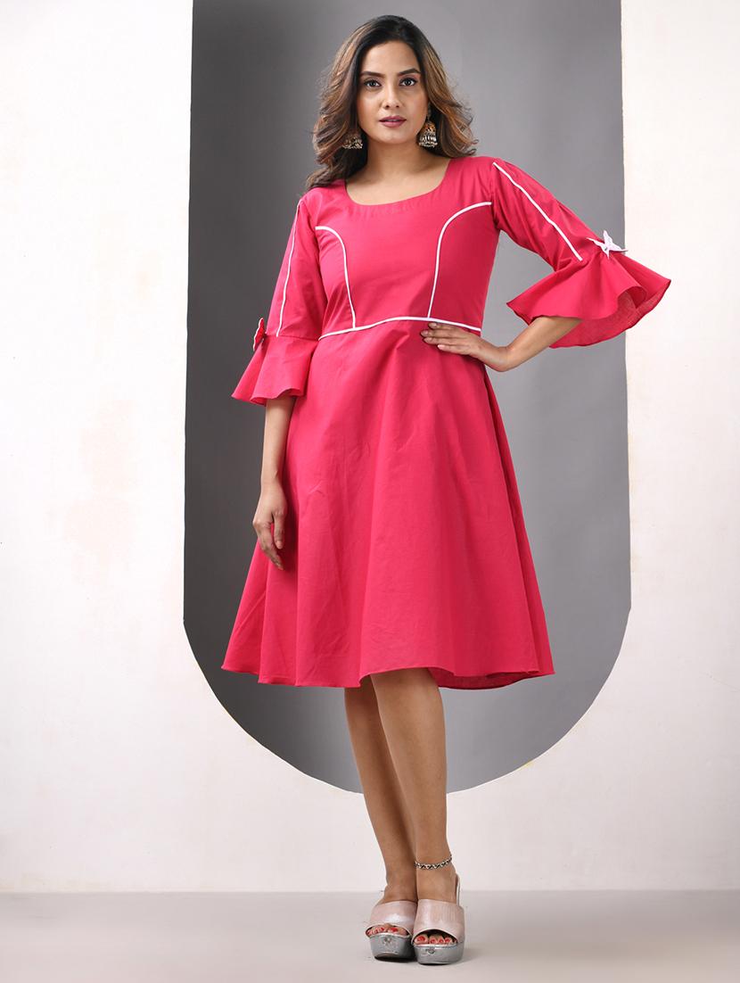 women solid round neck fit & flare ethnic dress