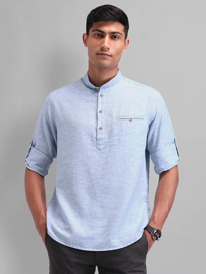 men blue solid long sleeve short kurta - 21844539 - Zoom Image - 0