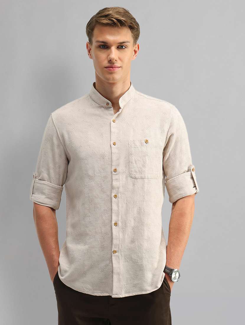 men self design long sleeve slim fit casual shirt