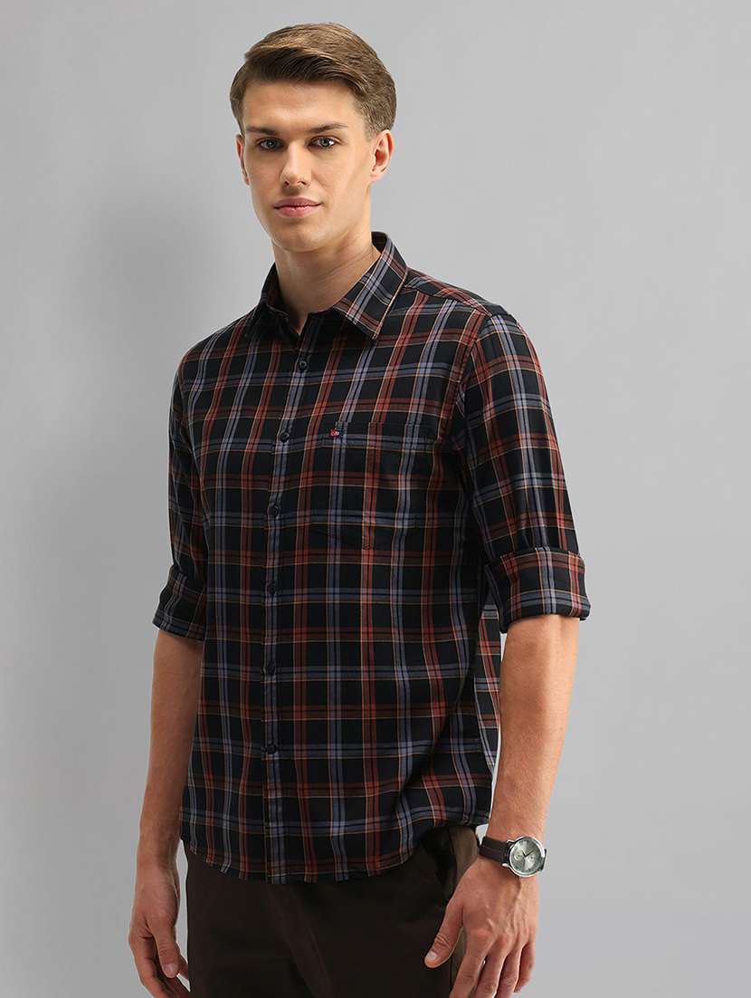 men checkered long sleeve slim fit casual shirt