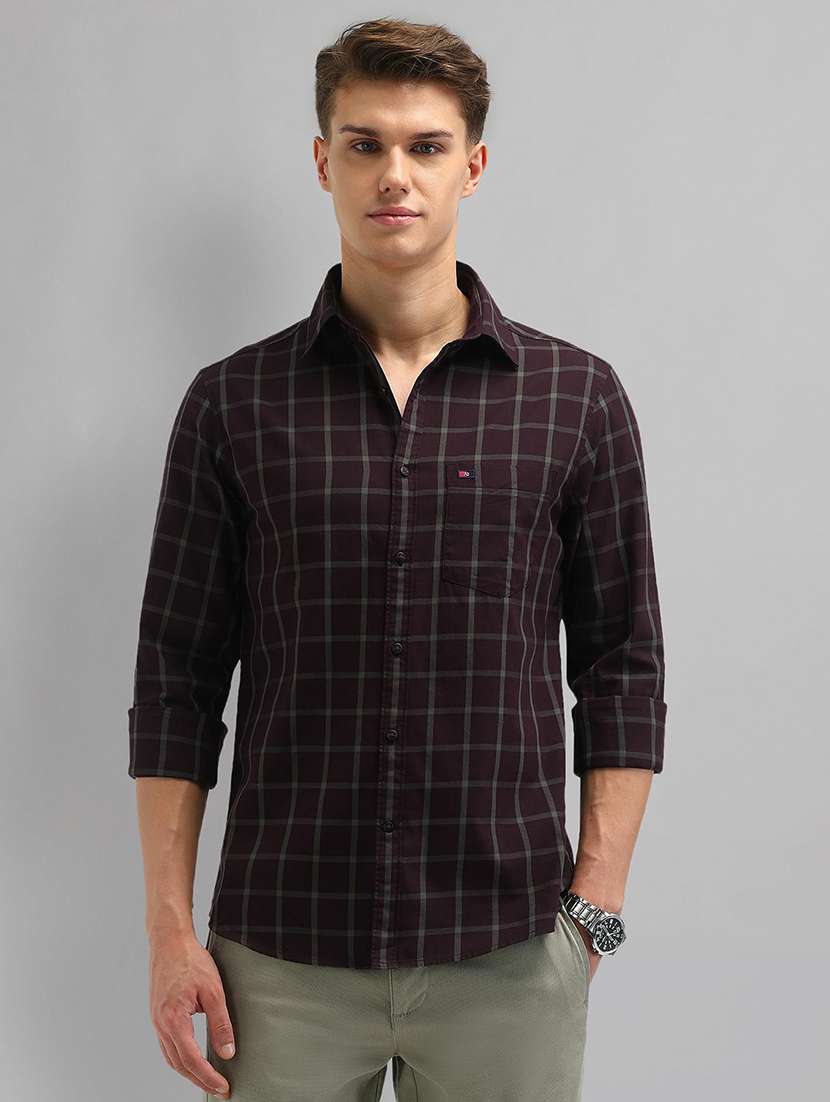 men checkered long sleeve slim fit casual shirt