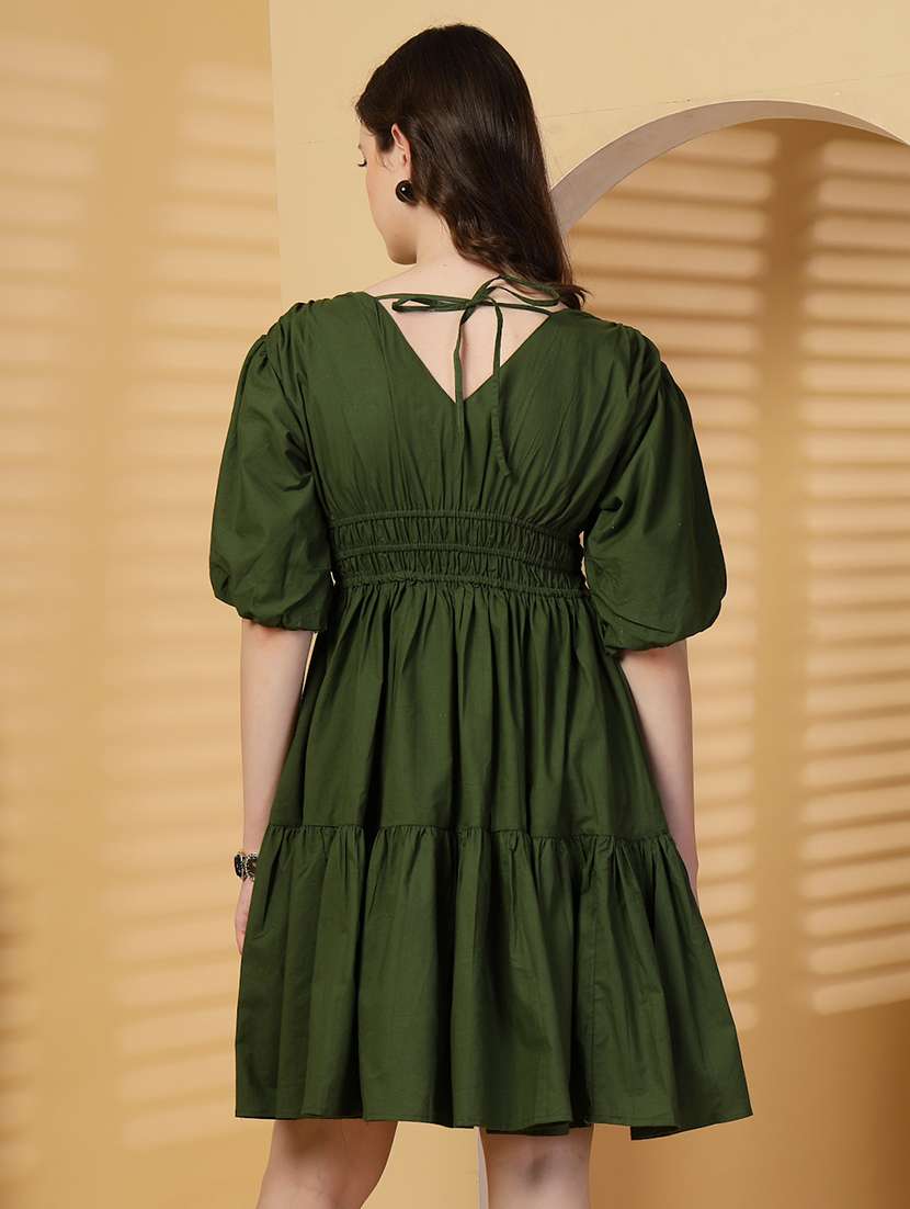 women solid puff sleeves tiered dress - 21844953 -  Standard Image - 3