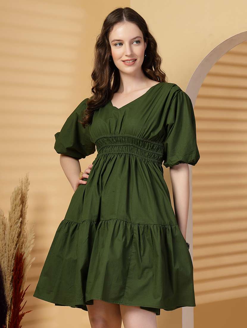 women solid puff sleeves tiered dress - 21844953 -  Standard Image - 5
