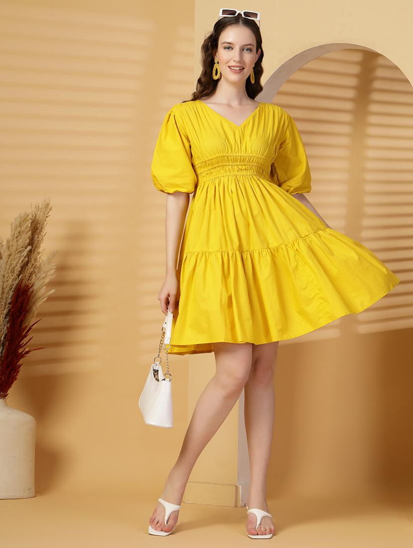 women solid puff sleeves tiered dress - 21844954 -  Zoom Image - 0