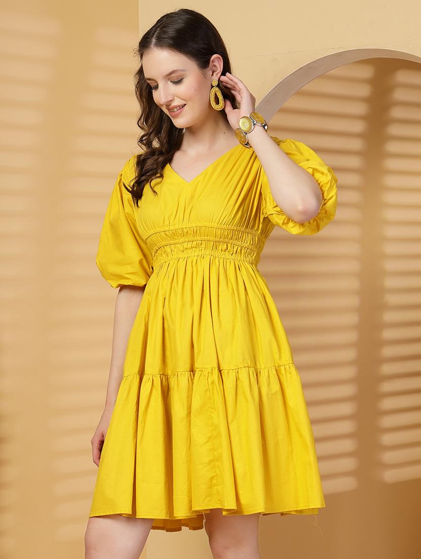 women solid puff sleeves tiered dress - 21844954 - Standard Image - 3