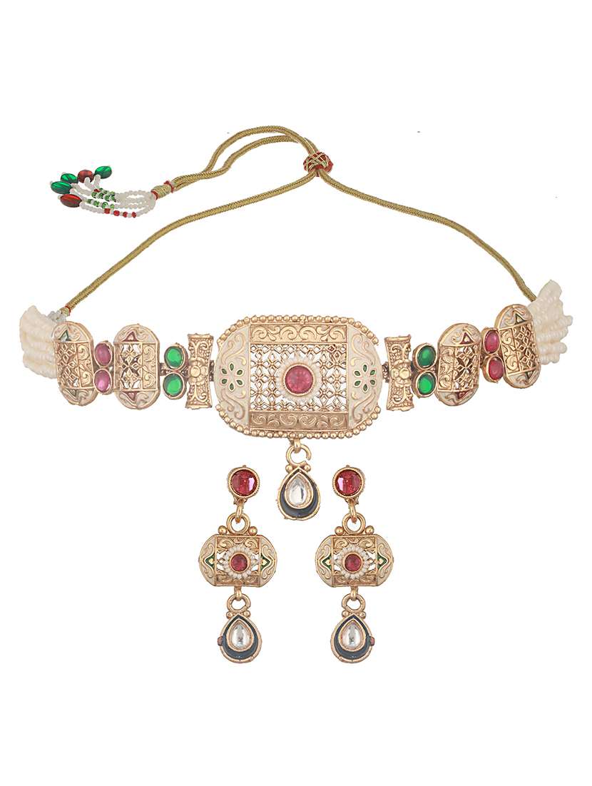 gold plated fusion stone studded filigree choker jewellery set