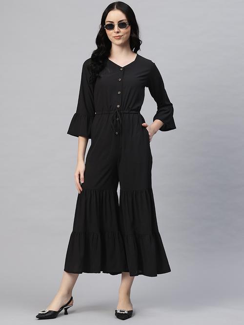 women solid bell sleeves calf length jumpsuit - 21845447 - Standard Image - 0