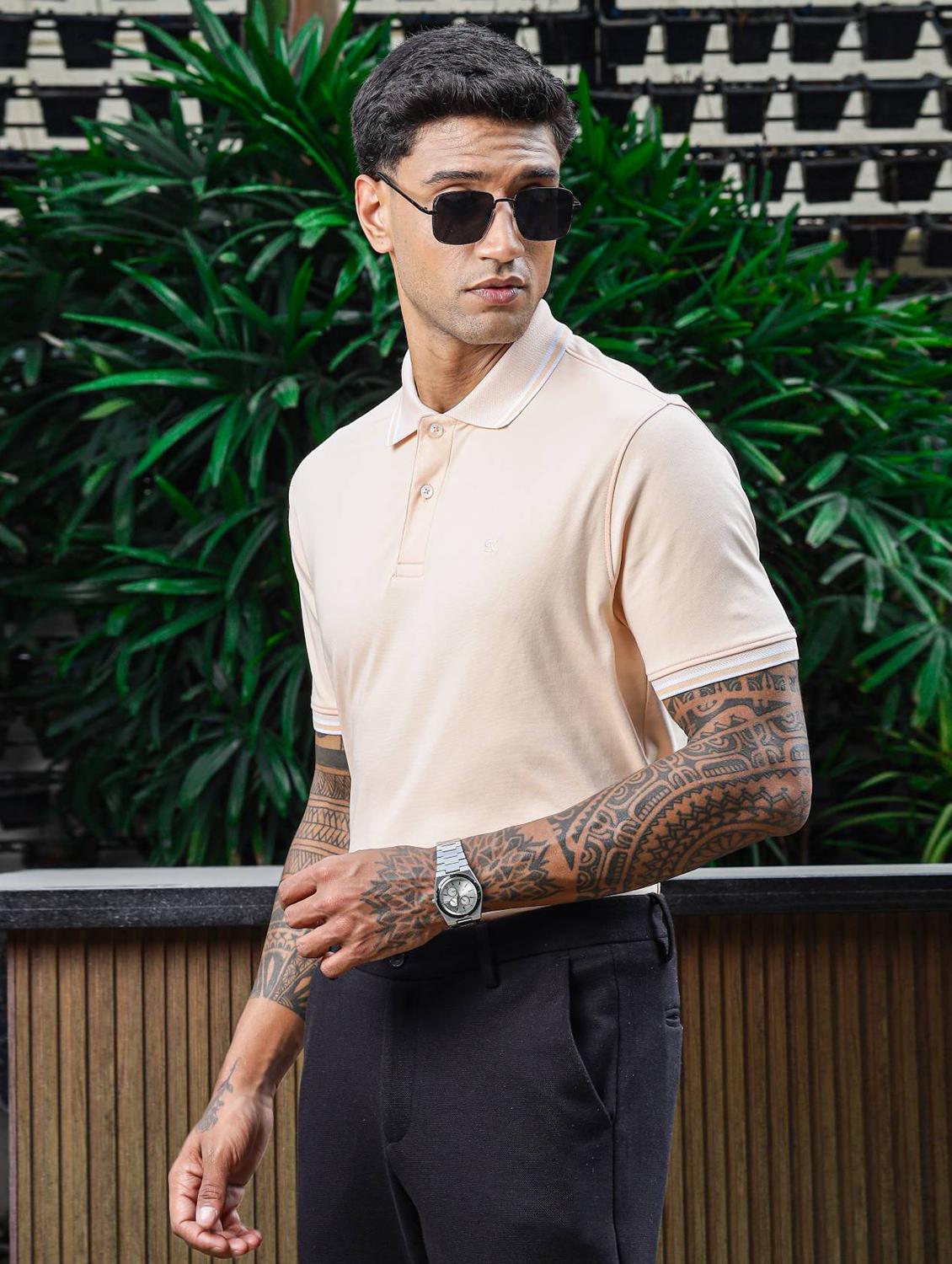 men beige solid short sleeve polo t-shirt - 21845464 - Zoom Image - 0