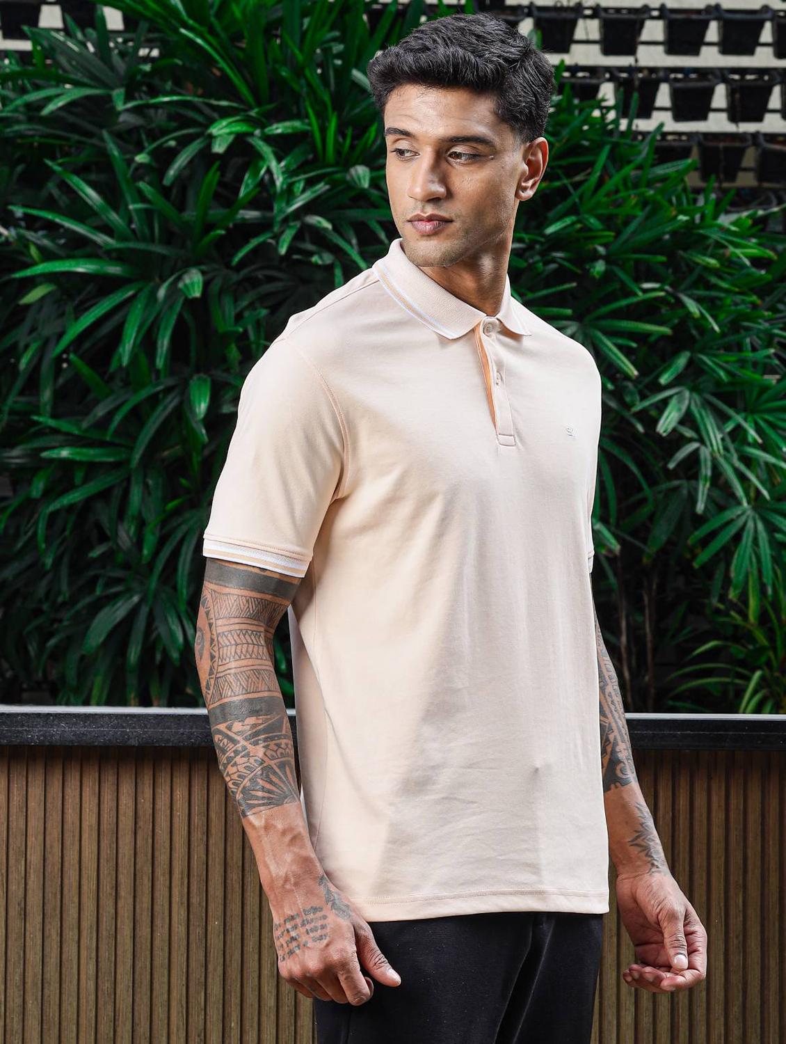 men beige solid short sleeve polo t-shirt - 21845464 - Standard Image - 3
