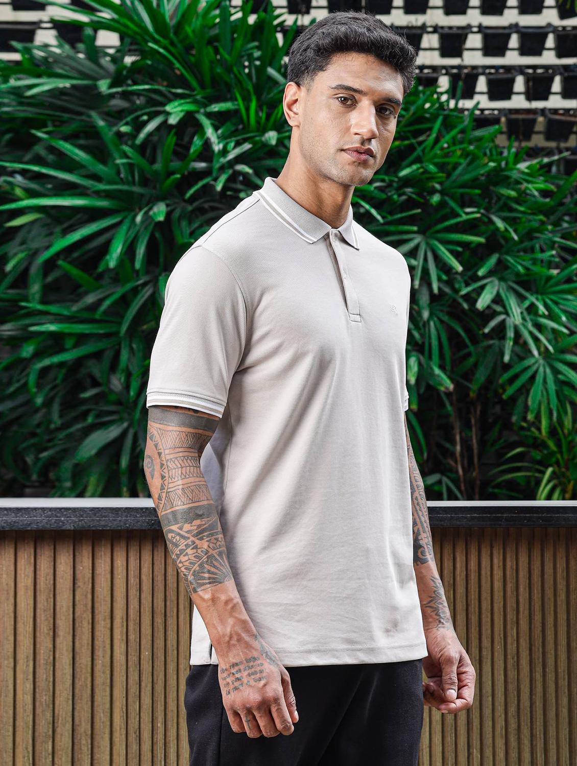 men grey solid short sleeve polo t-shirt - 21845465 - Standard Image - 3