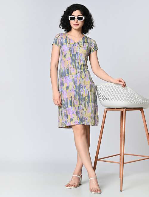 women printed short sleeves shift dress