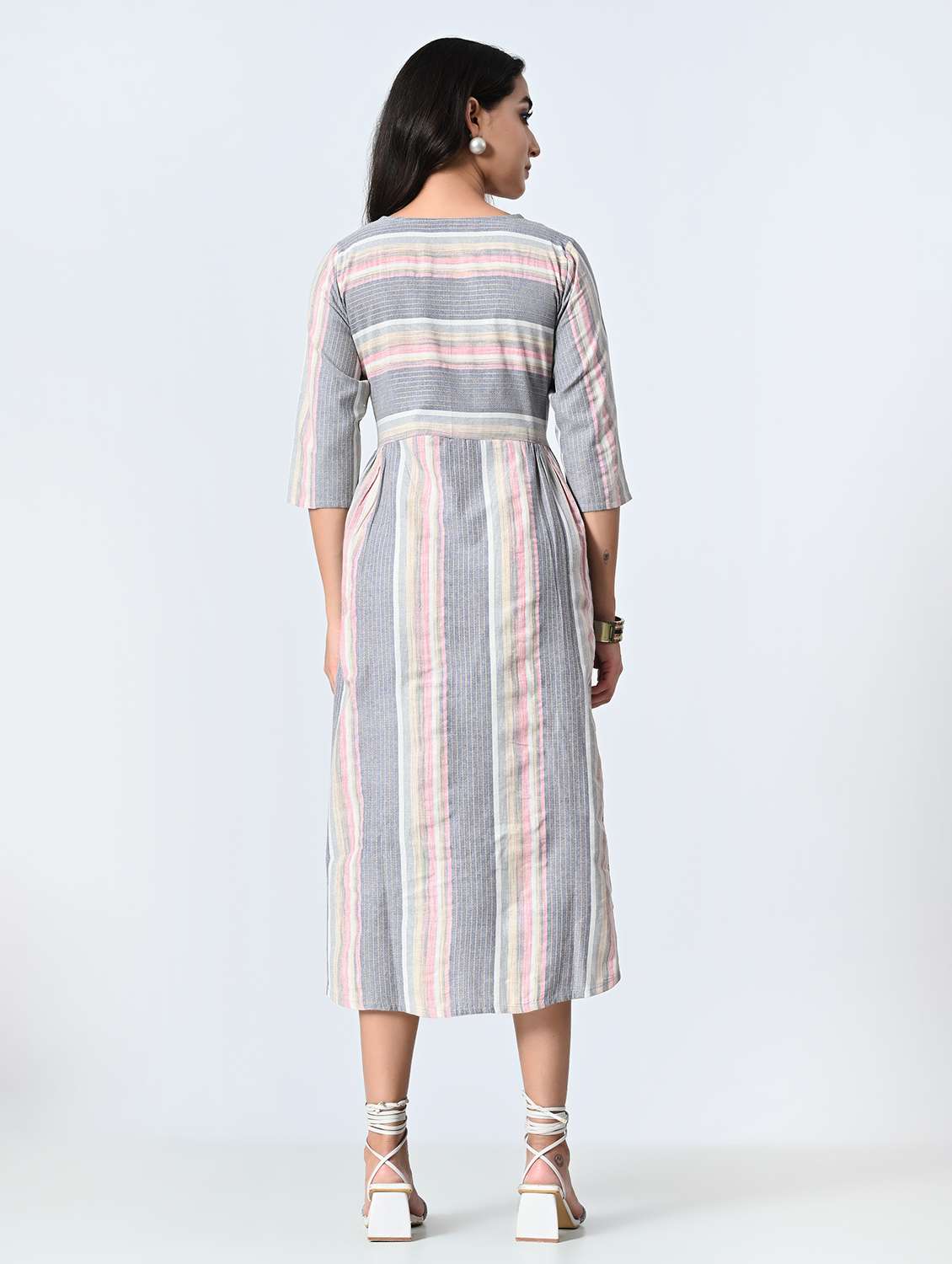 women striped three quarter sleeves a-line dress - 21845547 -  Standard Image - 3