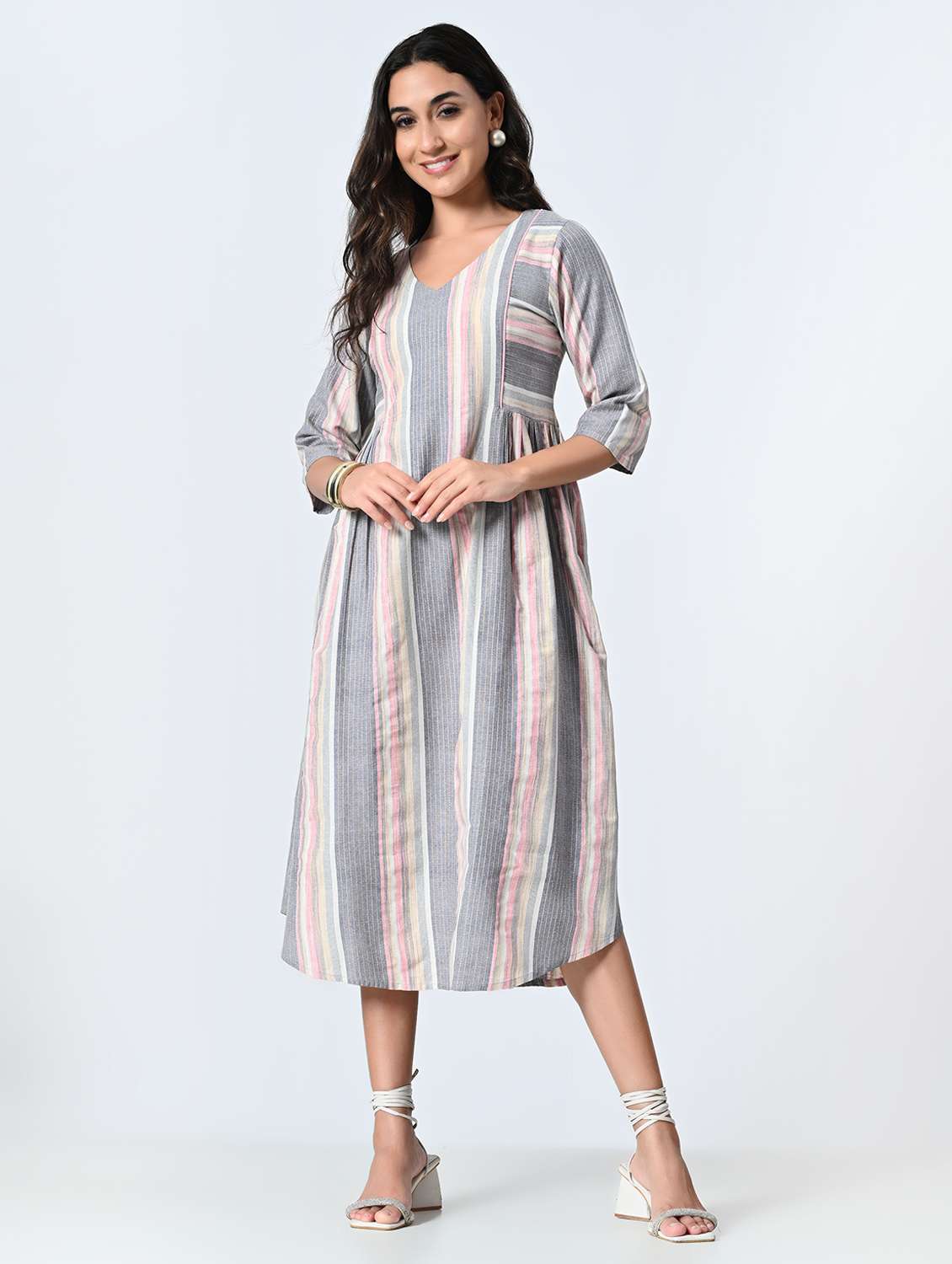 women striped three quarter sleeves a-line dress - 21845547 -  Standard Image - 5
