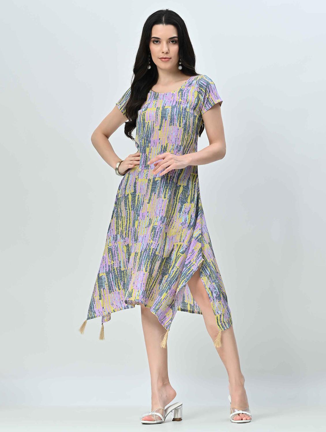 women printed round neck asymmetric dress - 21845548 - Standard Image - 5