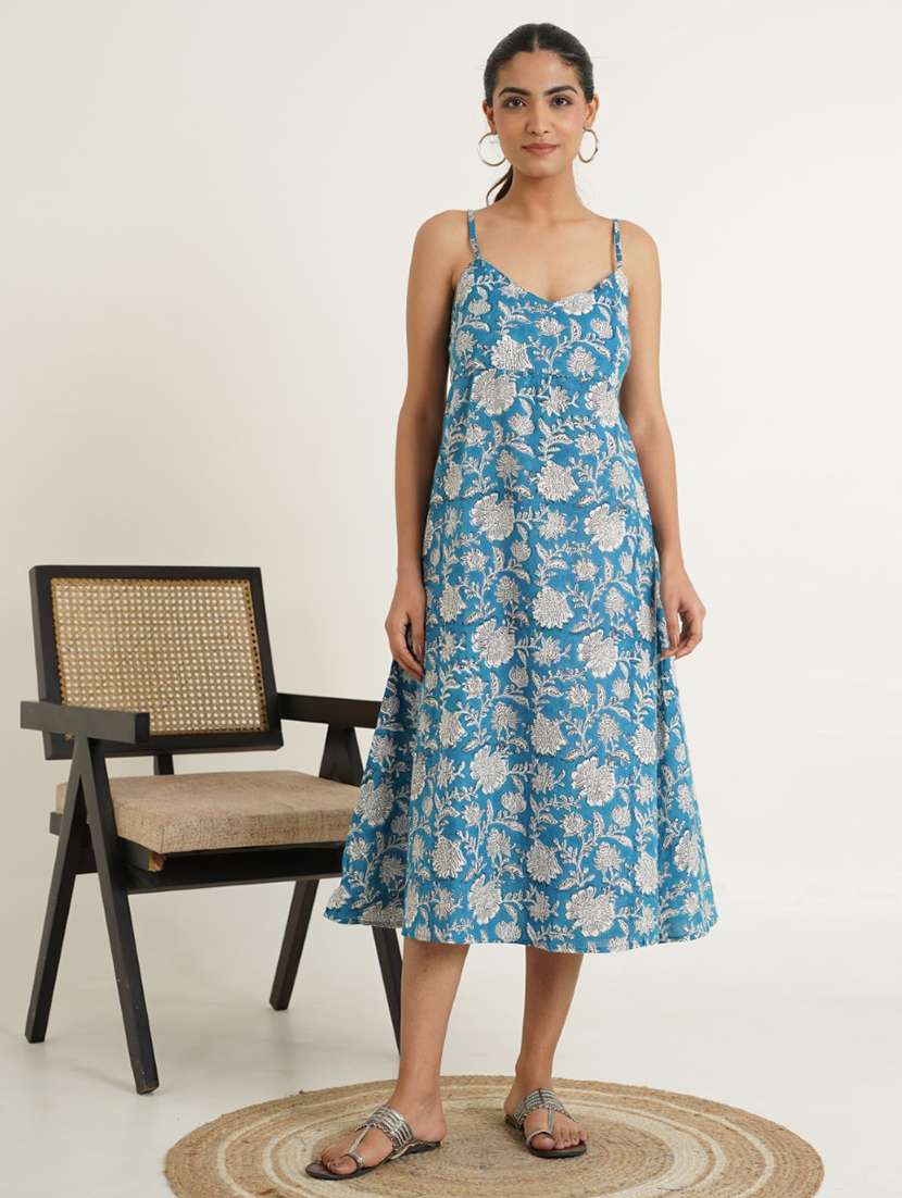 women printed shoulder strap a-line dress