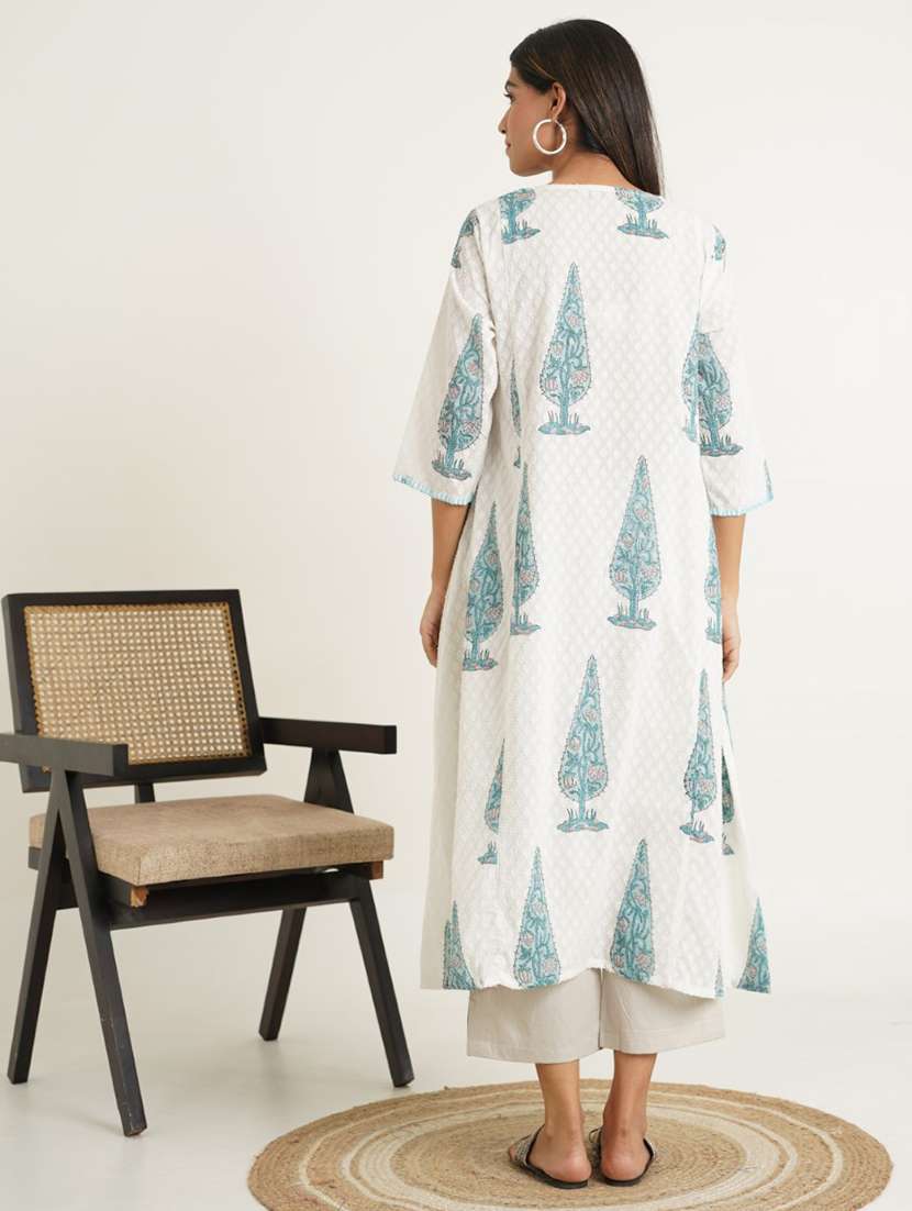 women white three quarter sleeve a-line kurta - 21853436 - Standard Image - 3