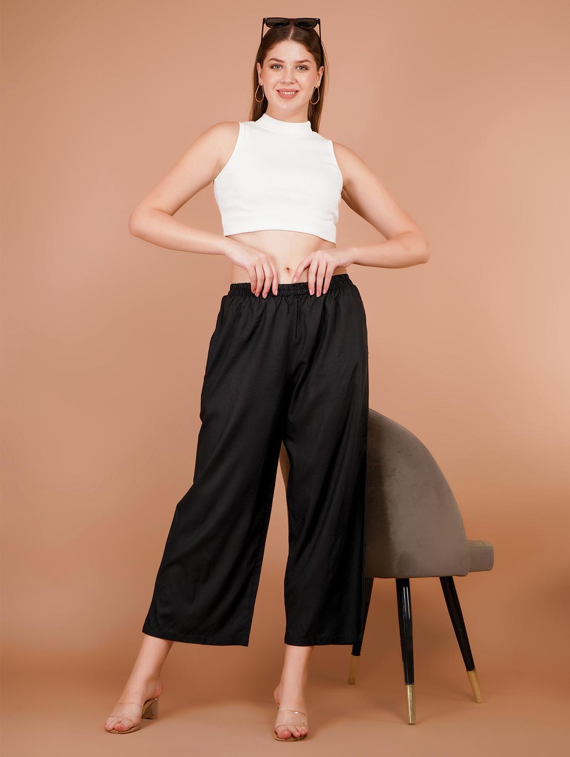 women black solid mid rise straight palazzo - 21853675 - Standard Image - 5