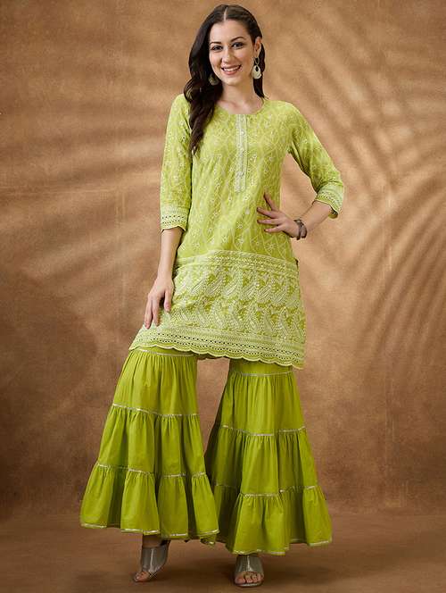 women green embroidered kurta sharara set - 21853678 -  Standard Image - 0