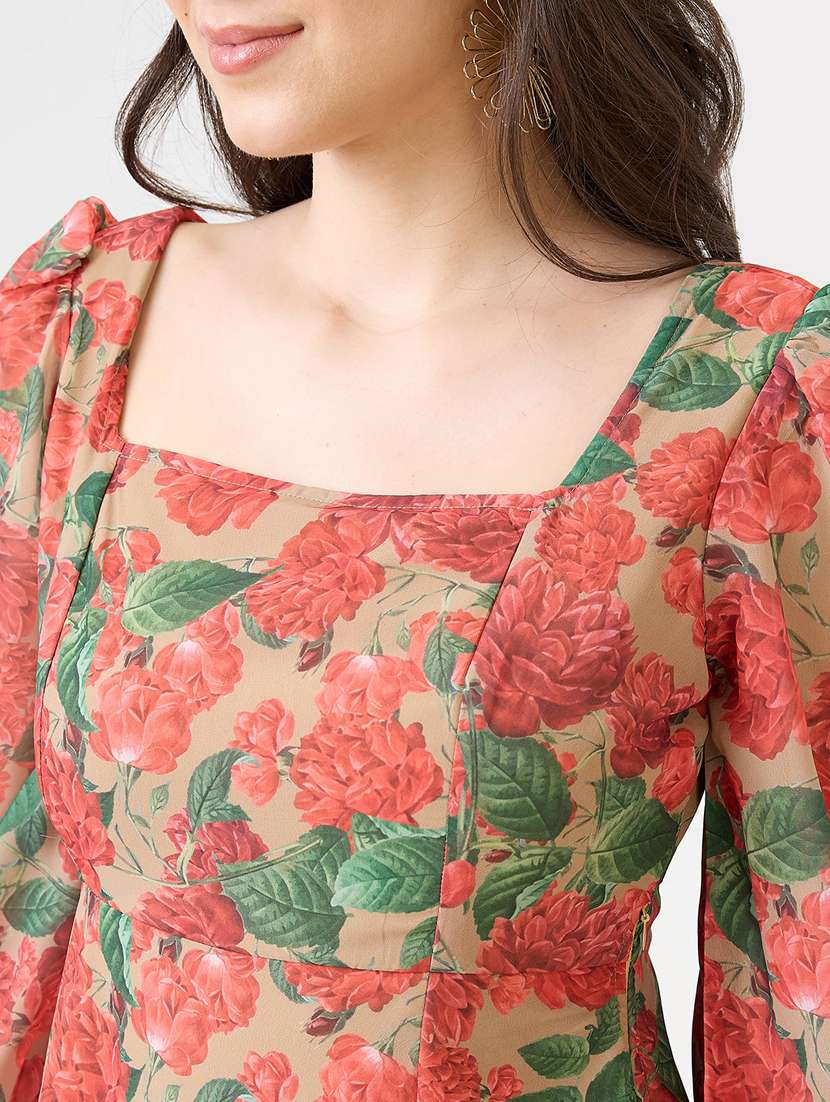 women floral print puff sleeves fit & flare dress - 21853698 - Standard Image - 3