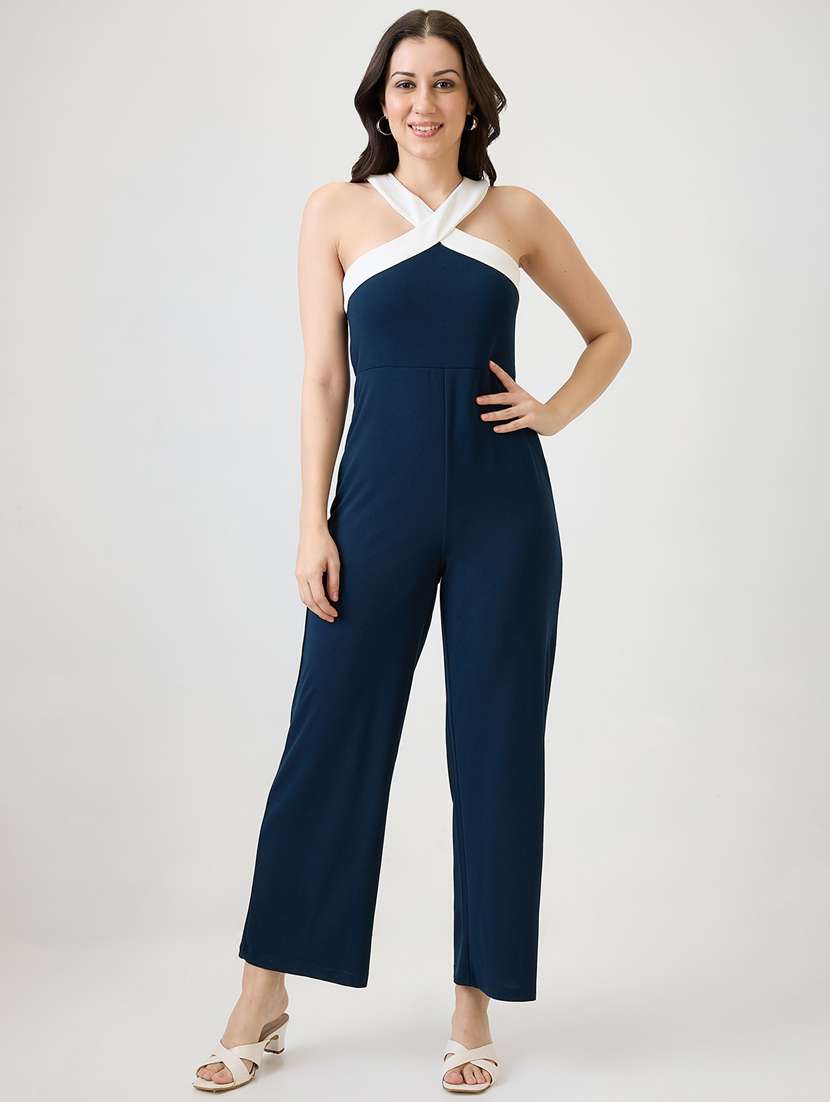 women solid halter neck full length jumpsuit
