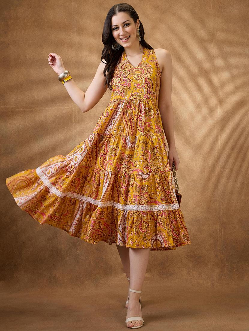 women yellow paisley v neck tiered ethnic dress - 21853720 - Zoom Image - 0
