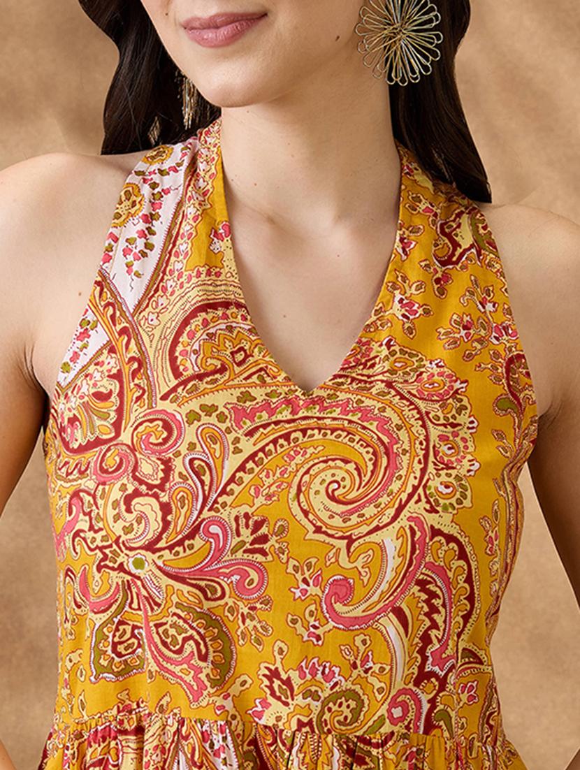 women yellow paisley v neck tiered ethnic dress - 21853720 - Standard Image - 3
