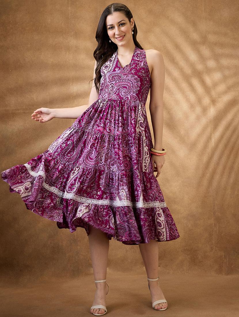 women purple paisley v neck tiered ethnic dress - 21853721 - Zoom Image - 0