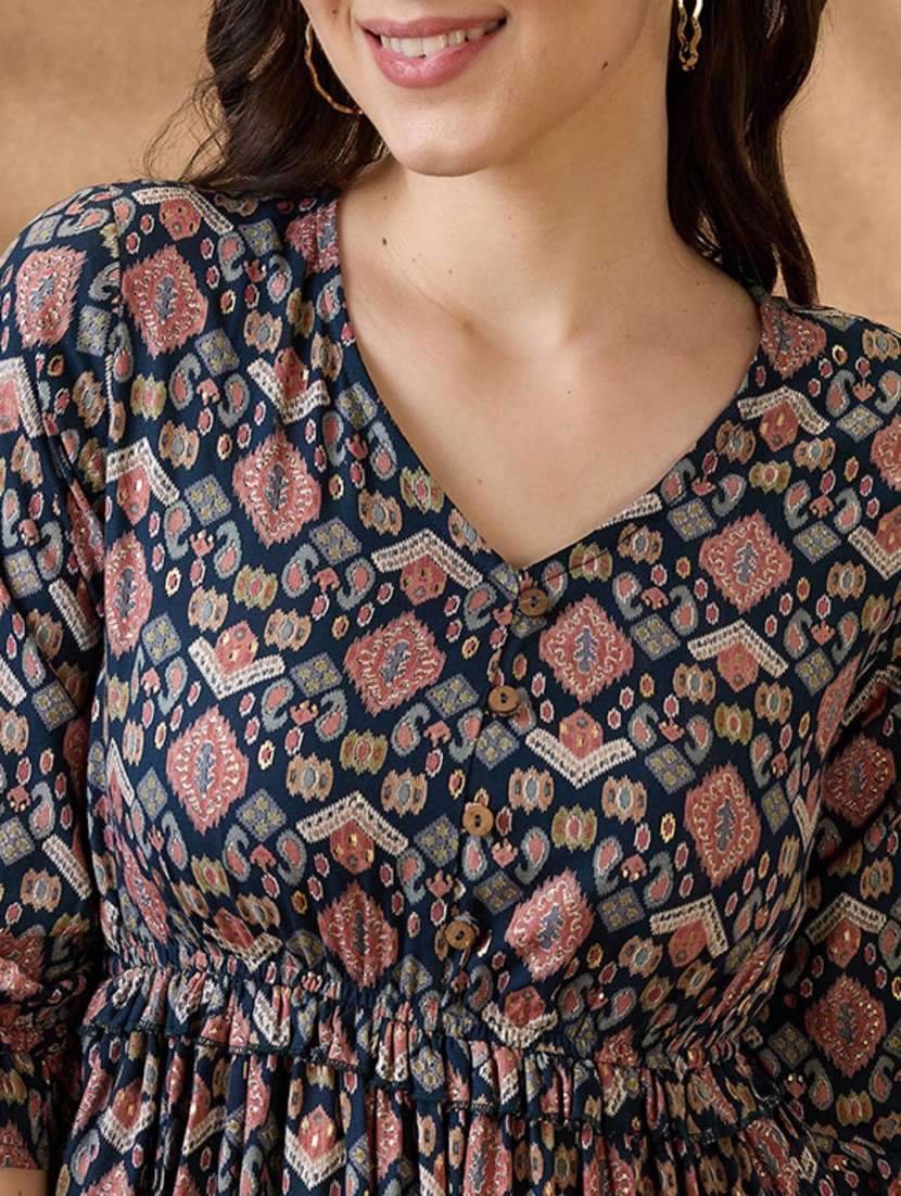 women teal printed v neck tiered ethnic dress - 21853723 -  Standard Image - 3