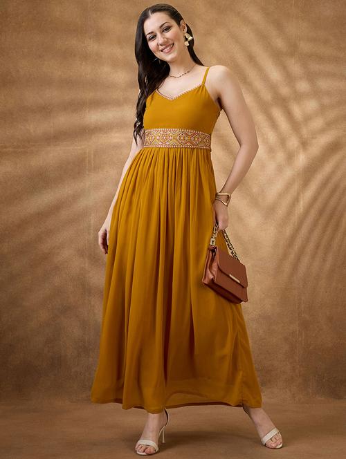 women mustard embroidered fit & flare ethnic dress - 21853724 - Standard Image - 0