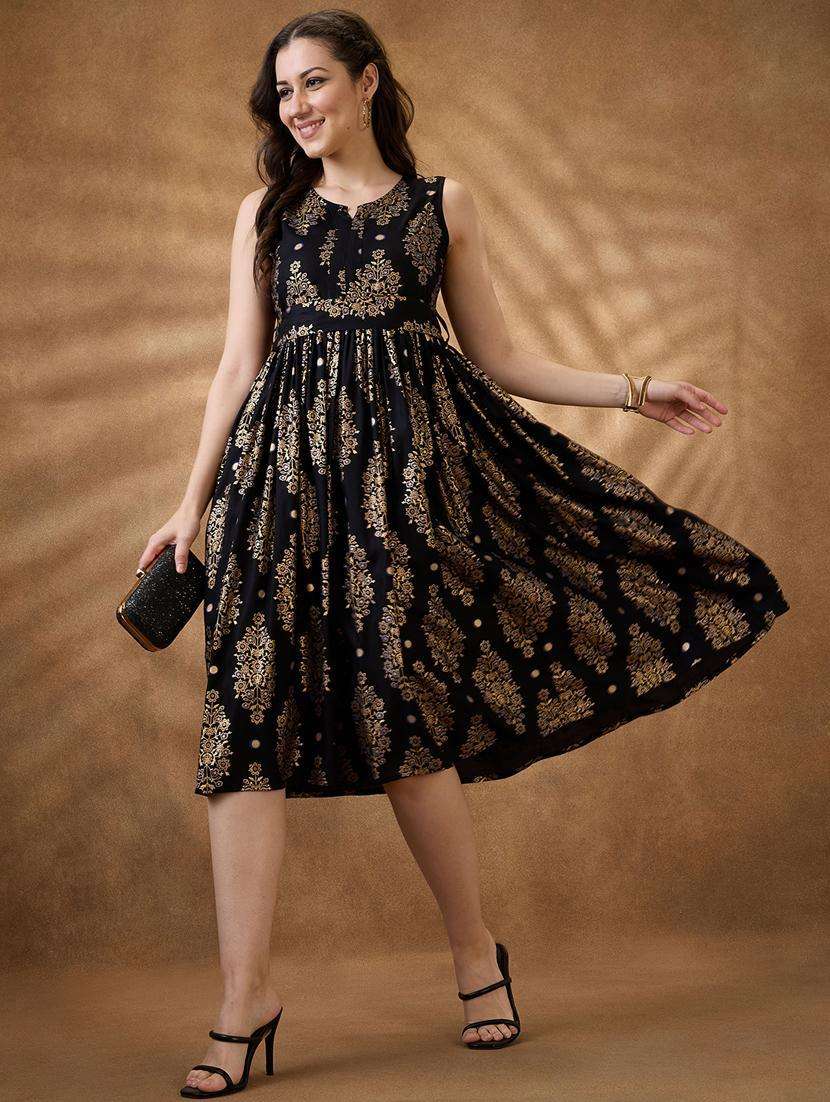 women black printed sleeveless flared ethnic dress