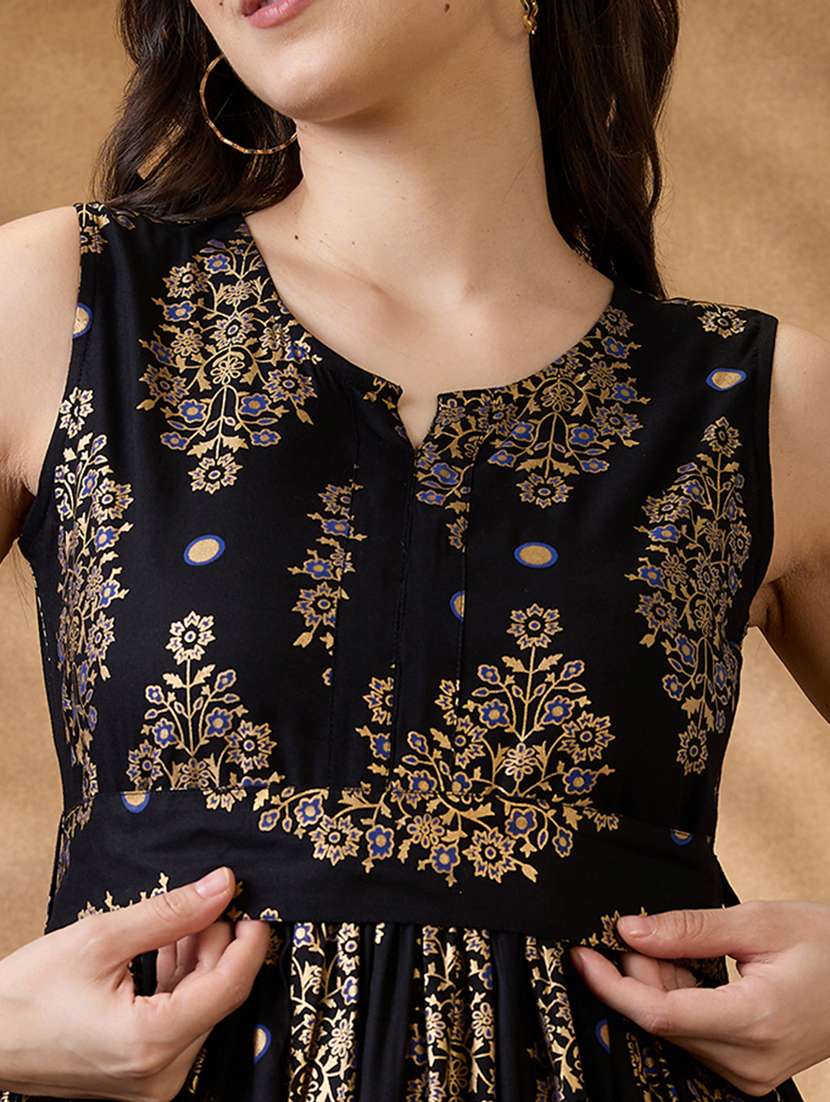 women black printed sleeveless flared ethnic dress - 21853727 - Standard Image - 3